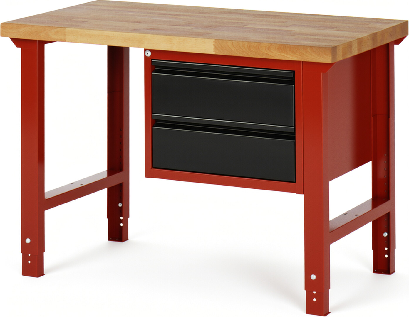 Werkbank rot - schwarz, BxTxH 1250x700x790-1140 mm, Platte Buche 40 mm 40 mm, 2 Schubladen 180 mm, RAL 3000/9011