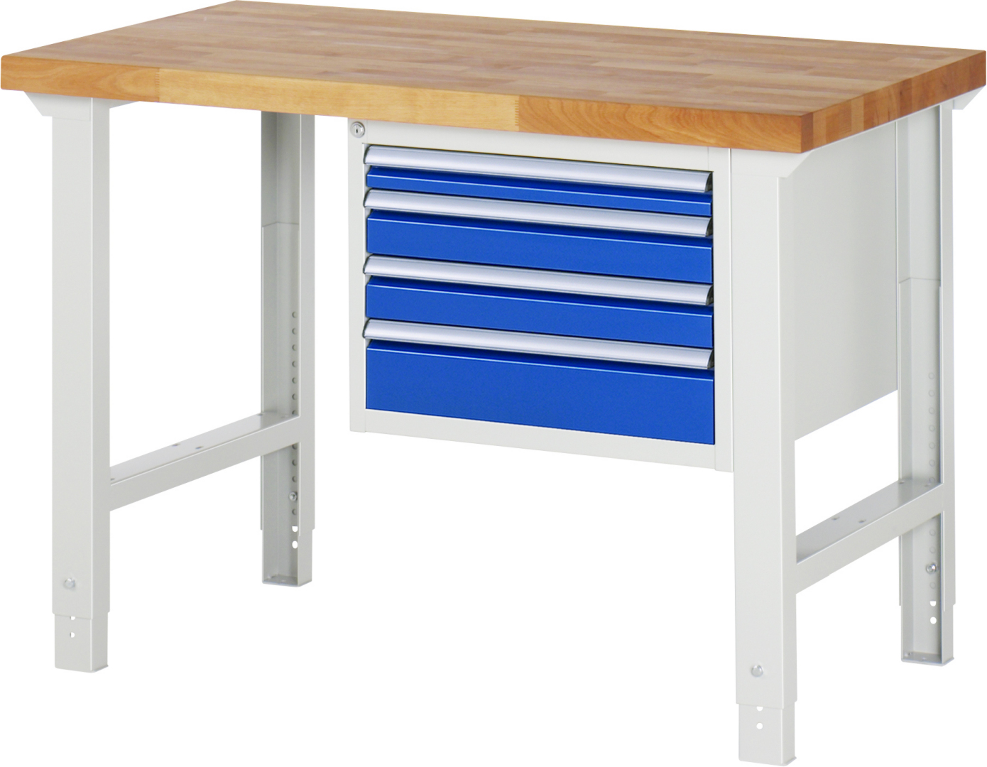 Werkbank Modell 7132 rot - schwarz, BxTxH 1250x700x790-1140 mm,  Buche-Massiv Arbeitsplatte 40 mm,  4 Schubladen mit  Auszug 90 %