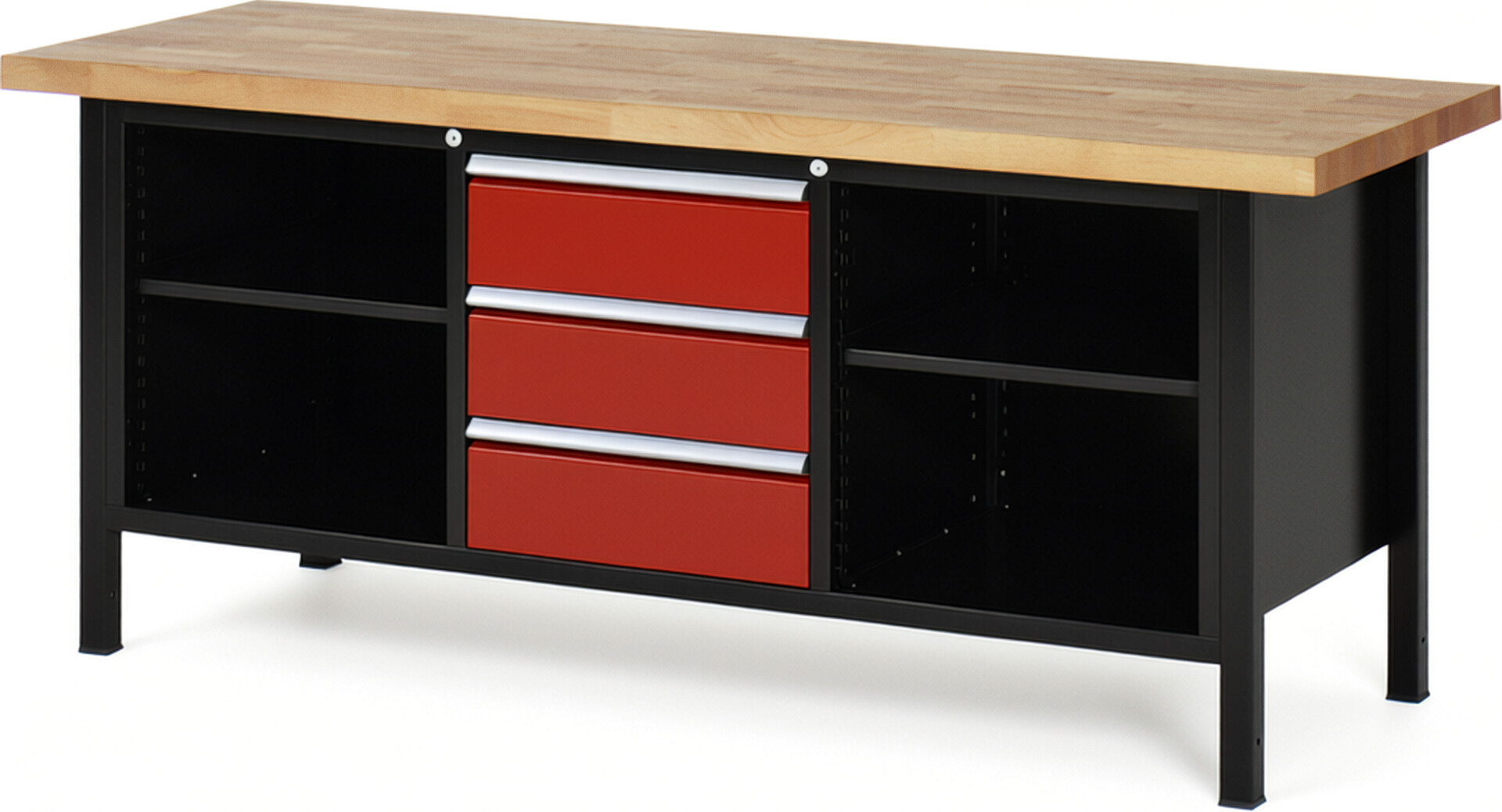 RAU Werkbank schwarz - rot - Breite 200 cm - Tiefe 70 cm - Höhe 104 cm - Buche-Massiv Arbeitsplatte 40 mm