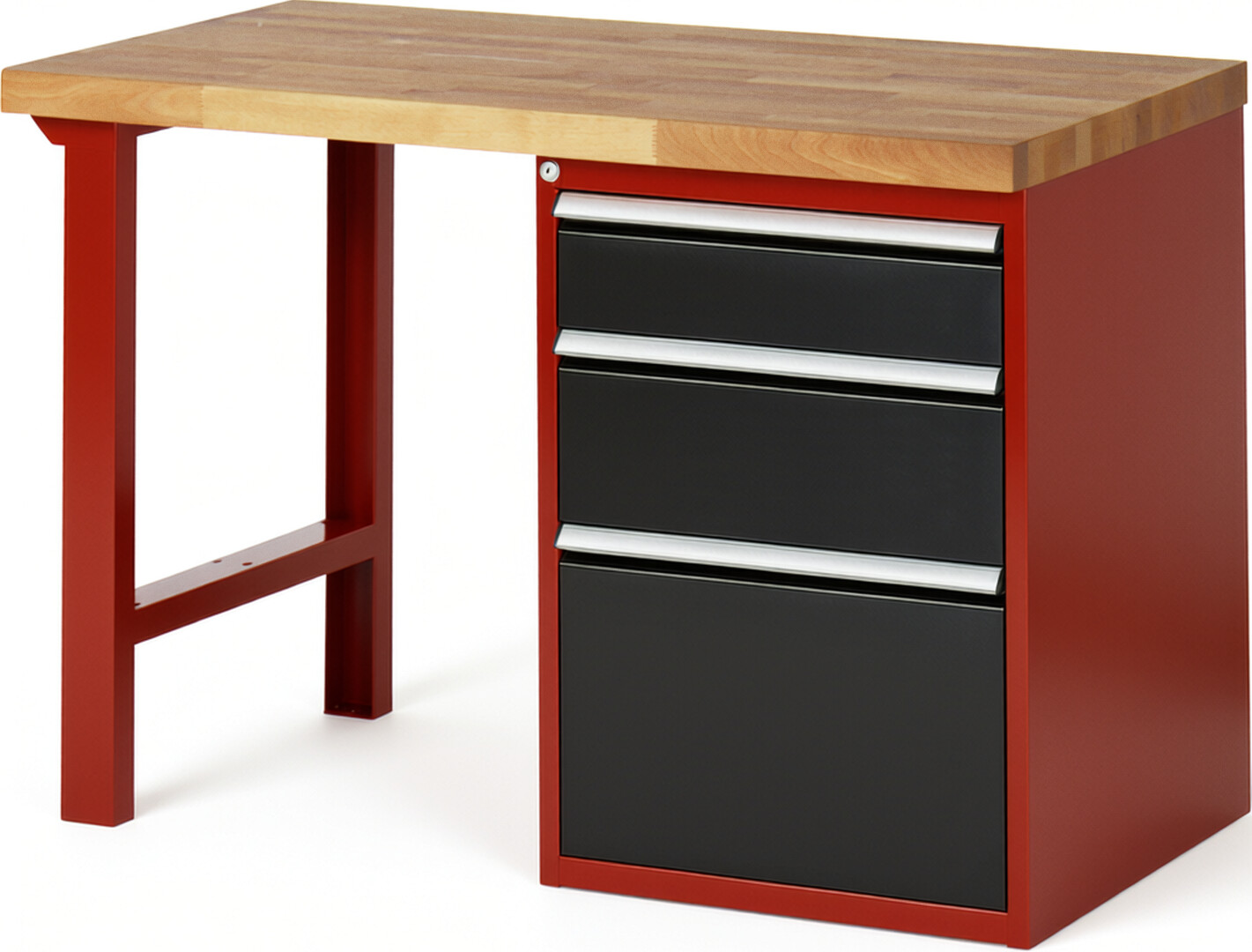 Werkbank Modell 7508 rot - schwarz, BxTxH 1250x700x840 mm,  Buche-Massiv Arbeitsplatte 40 mm,  3 Schubladen mit  Auszug 90 %