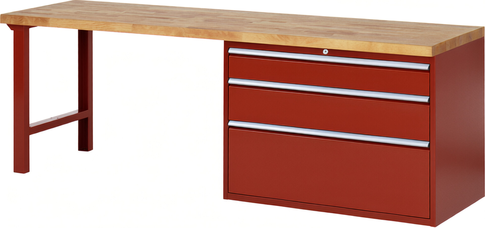 RAU Werkbank rot - Breite 250 cm - Tiefe 70 cm - Höhe 84 cm - Buche-Massiv Arbeitsplatte 40 mm