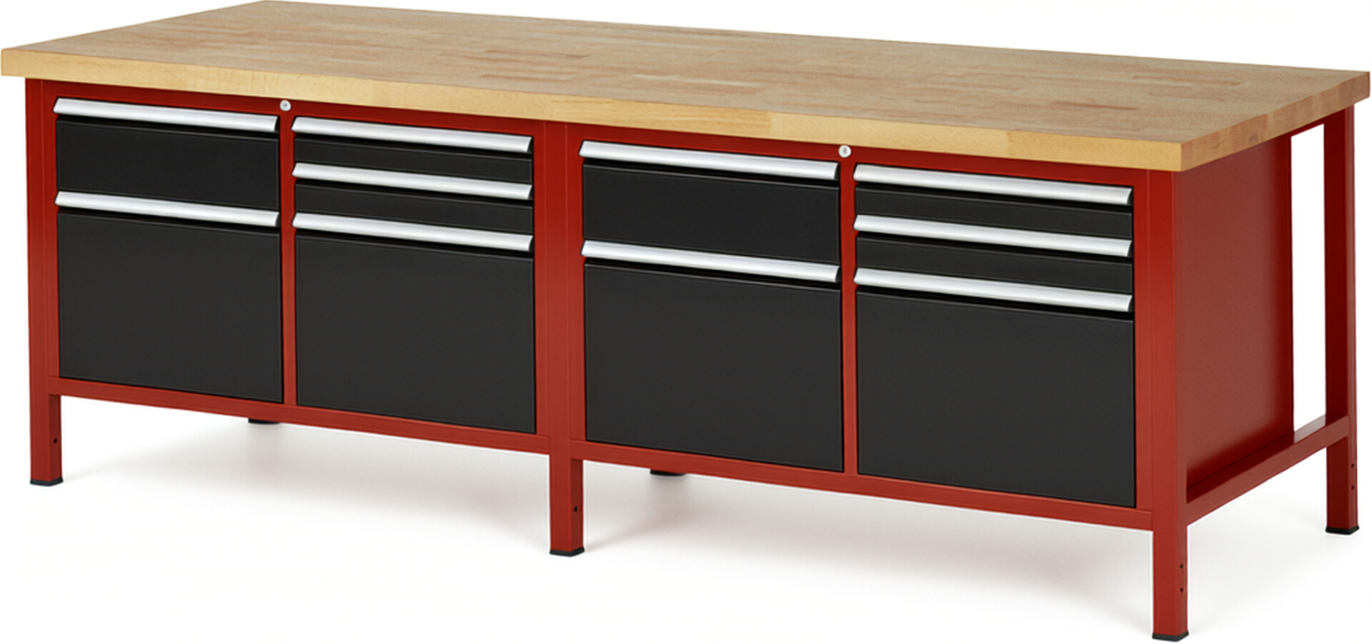 Werkbank Modell 8472 rot - schwarz, BxTxH 2500x900x840 mm,  Buche-Massiv Arbeitsplatte 40 mm,  10 Schubladen mit  Vollauszug 100 % und  SoftClosing