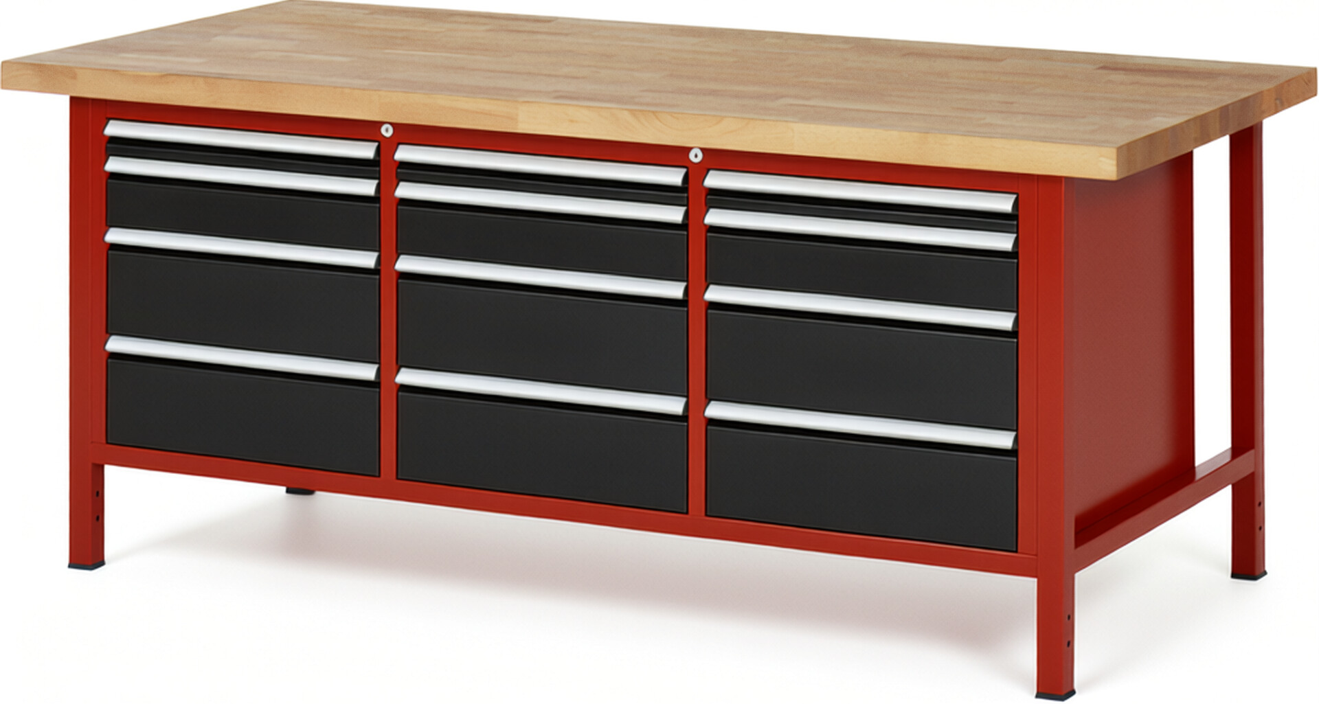 Werkbank Modell 8580 rot - schwarz, BxTxH 2000x900x840-1040 mm,  Buche-Massiv Arbeitsplatte 40 mm,  12 Schubladen mit  Vollauszug 100 % und  SoftClosing