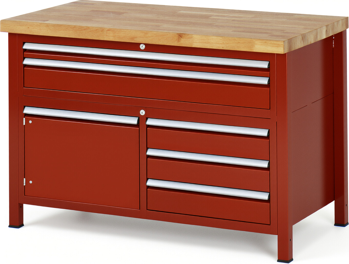 Werkbank Modell 8922 rot, BxTxH 1250x700x840-1040 mm,  Buche-Massiv Arbeitsplatte 40 mm,  5 Schubladen mit  Auszug 90 %
