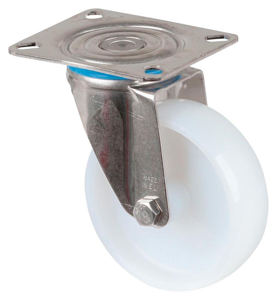 Edelstahl-Transportgeräte-Lenkrolle, Kunststoff weiß, Durchm. 200 mm, Traglast 400 kg, Gleitlager, Anschraubplatte