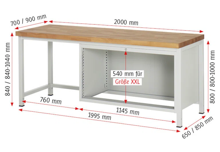 Werkbank Modell 8361,  BxTxH 2000x900x840 mm,  Buche-Massiv Arbeitsplatte 40 mm,  4 Schubladen mit  Auszug 90 %
