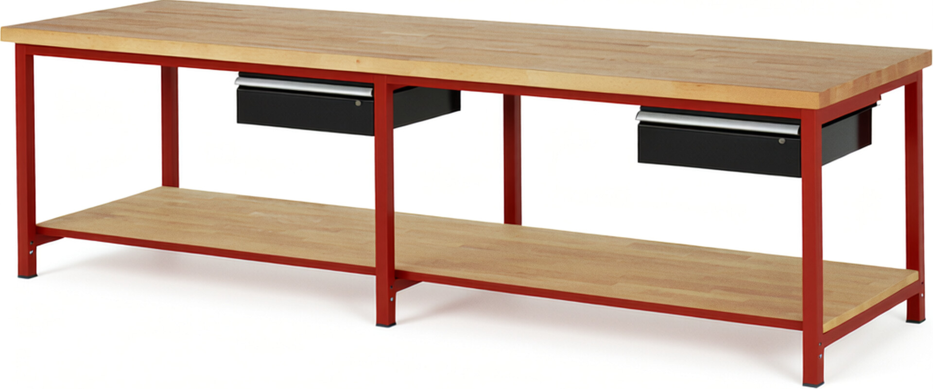 Werkbank Modell 8001 rot - schwarz, BxTxH 3000x900x840 mm,  Buche-Massiv Arbeitsplatte 40 mm,  2 Schubladen mit  Auszug 90 %