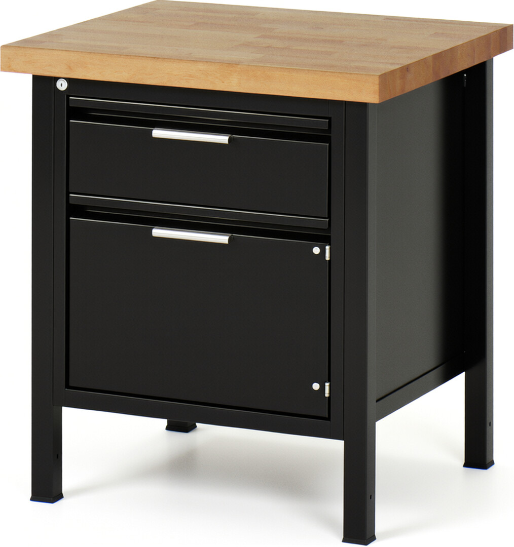 Werkbank schwarz, BxTxH 750x700x840-1040 mm, Platte Buche 40 mm, 1 Schublade 180 mm, 1 Tür 360 mm, RAL 9011/9011