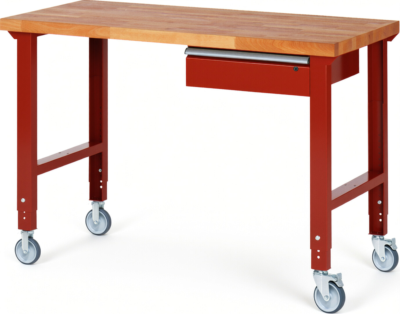Fahrbare Werkbank Modell 7001 rot, BxTxH 1500x700x950-1000 mm,  Buche-Massiv Arbeitsplatte 40 mm,  1 Schublade mit  Auszug 90 %