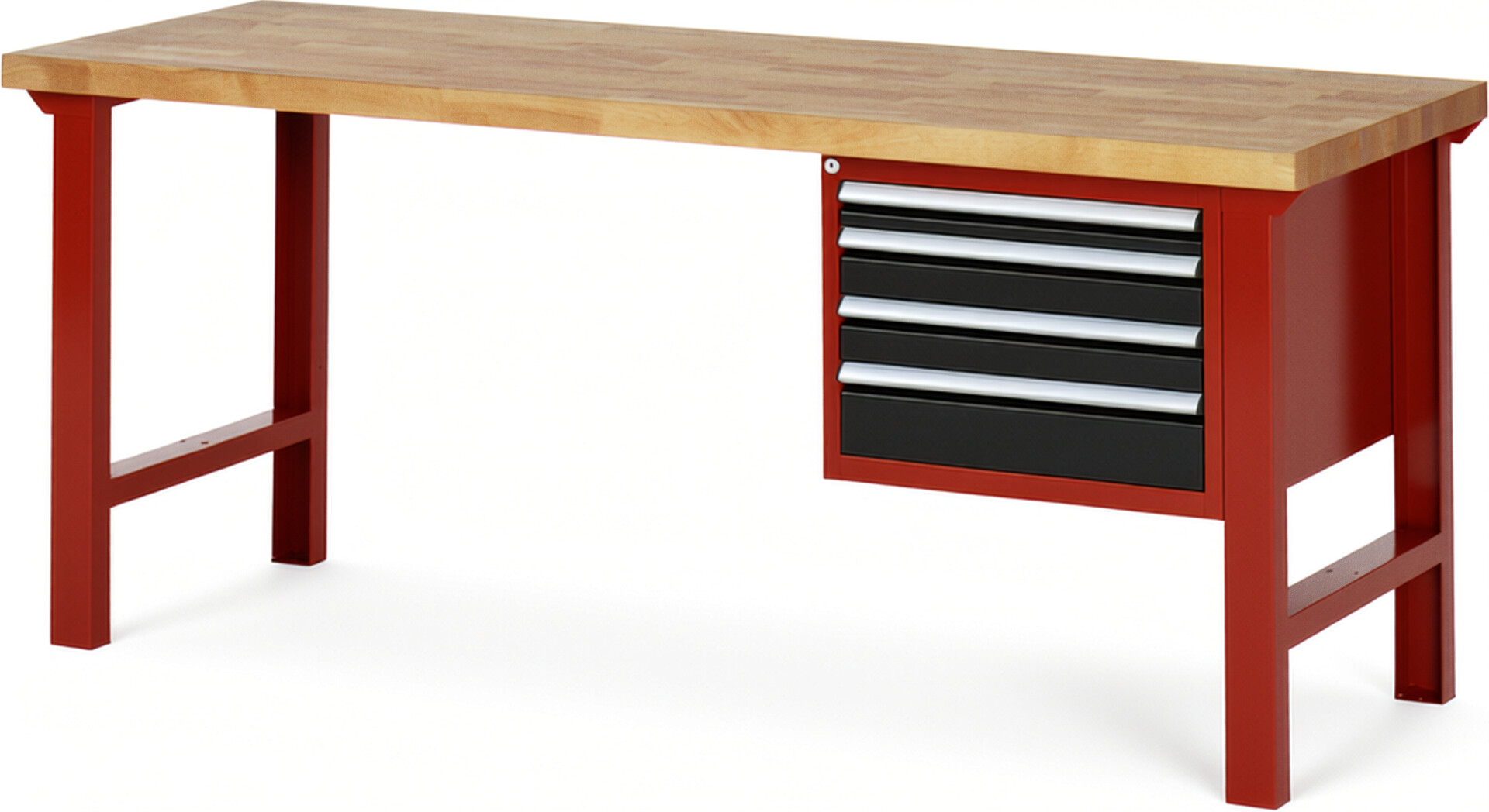 Werkbank Modell 7132 rot - schwarz, BxTxH 2000x700x840 mm,  Buche-Massiv Arbeitsplatte 40 mm,  4 Schubladen mit  Vollauszug 100 % und  SoftClosing