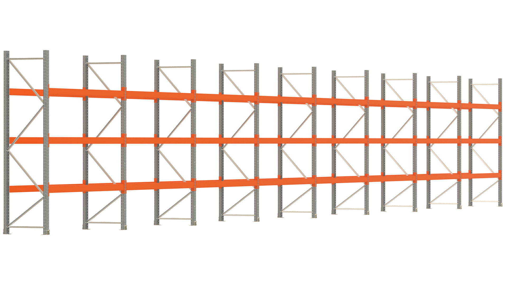 Palettenregal ARTUS - Breite 2236,5 cm - Höhe 300 cm - Tiefe 80 cm - 3 Träger-Ebenen - max. Fachlast 2100 kg - 64 Palettenstellplätze