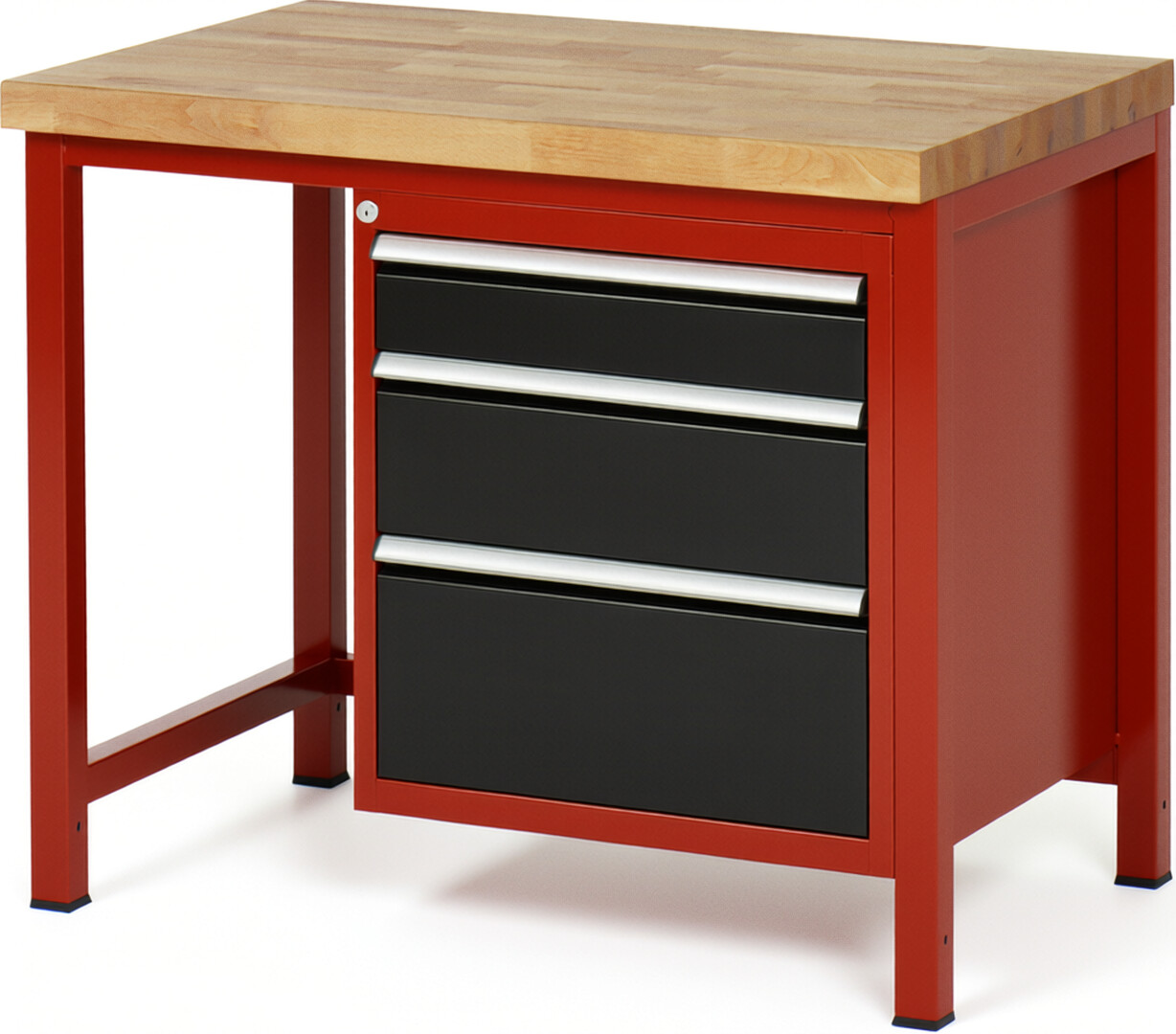 Werkbank Modell 8159 rot - schwarz, BxTxH 1000x700x840-1040 mm,  Buche-Massiv Arbeitsplatte 40 mm,  3 Schubladen mit  Vollauszug 100 % und  SoftClosing