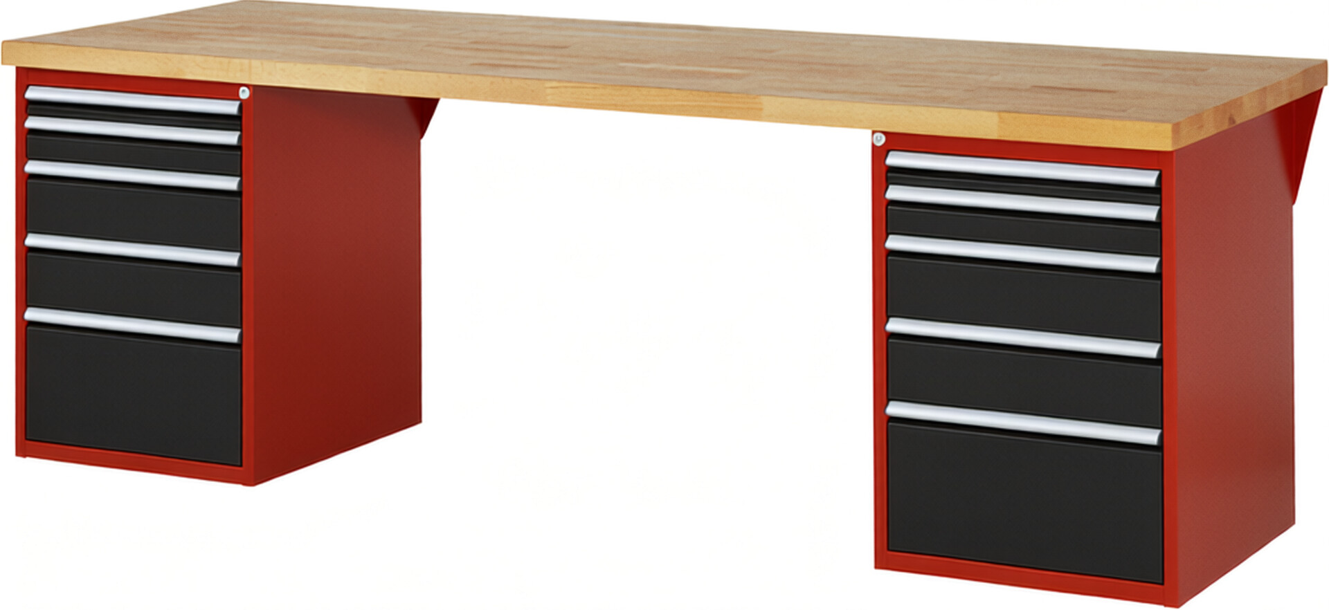 Werkbank Modell 7511 rot - schwarz, BxTxH 2500x900x840 mm,  Buche-Massiv Arbeitsplatte 40 mm,  10 Schubladen mit  Vollauszug 100 % und  SoftClosing