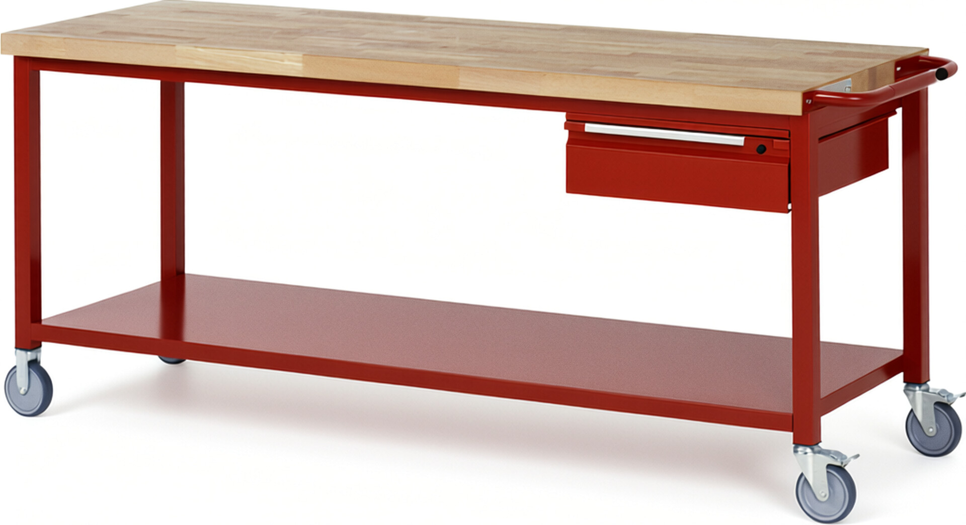 Fahrbare Werkbank - Modell 8001 BASIC rot, BxTxH 2000x700x880 mm,  Buche-Massiv Arbeitsplatte 40 mm,  1 Schublade mit  Auszug 90 %