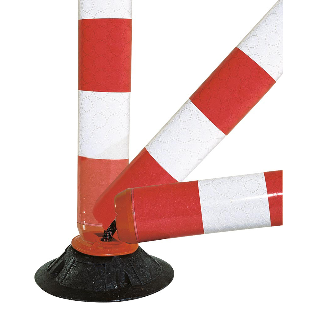 Flexibler Sperrpfosten aus Kunststoff, rund, Durchm. 100 mm, schwarz mit 2 gelben Ringen, zum Aufdübeln, inkl. Fuß, Höhe 460 mm