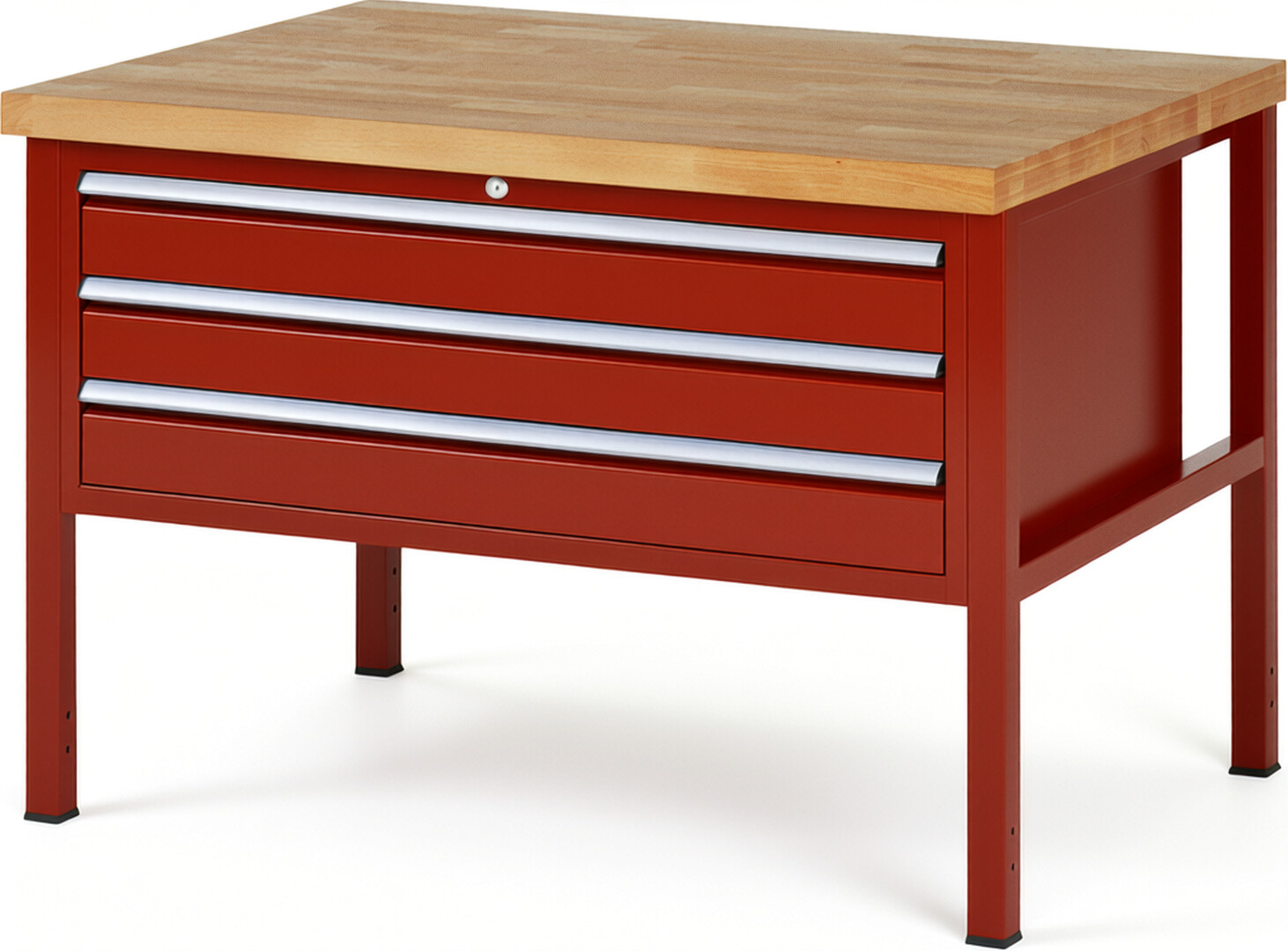 Werkbank Modell 8327 rot, BxTxH 1250x900x840 mm,  Buche-Massiv Arbeitsplatte 40 mm,  3 Schubladen mit  Vollauszug 100 % und  SoftClosing