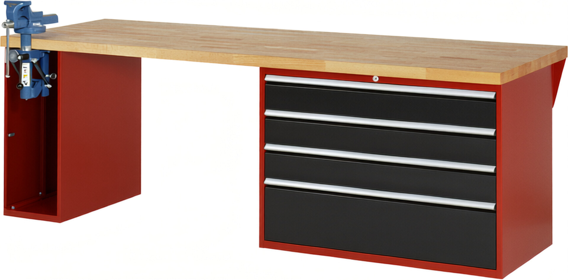 Werkbank Modell 7710 rot - schwarz, BxTxH 2500x900x890 mm,  Buche-Massiv Arbeitsplatte 40 mm,  4 Schubladen mit  Vollauszug 100 % und  SoftClosing