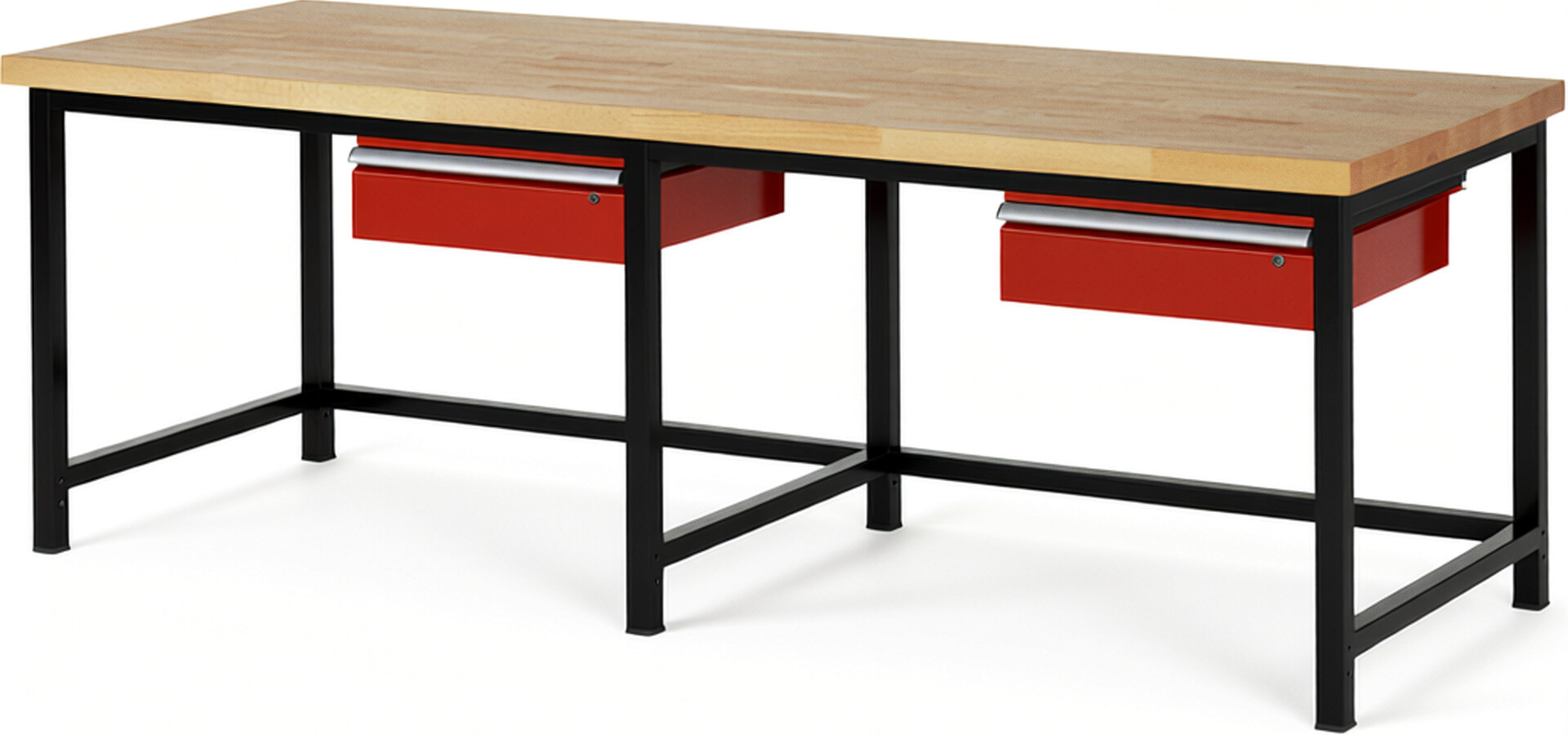 RAU Werkbank schwarz - rot - Breite 250 cm - Tiefe 90 cm - Höhe 104 cm - Buche-Massiv Arbeitsplatte 40 mm