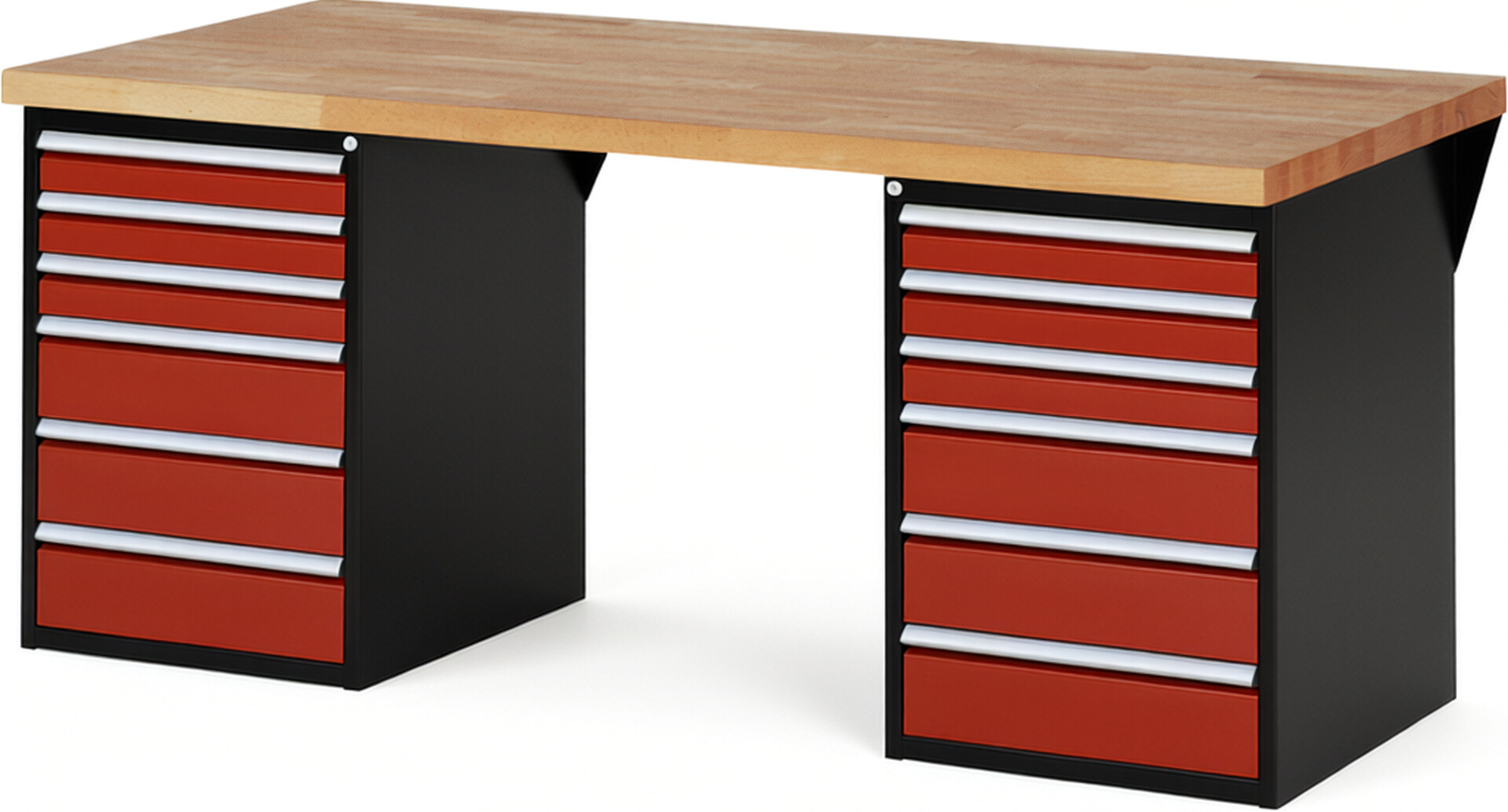 RAU Werkbank schwarz - rot - Breite 200 cm - Tiefe 90 cm - Höhe 89 cm - Buche-Massiv Arbeitsplatte 40 mm