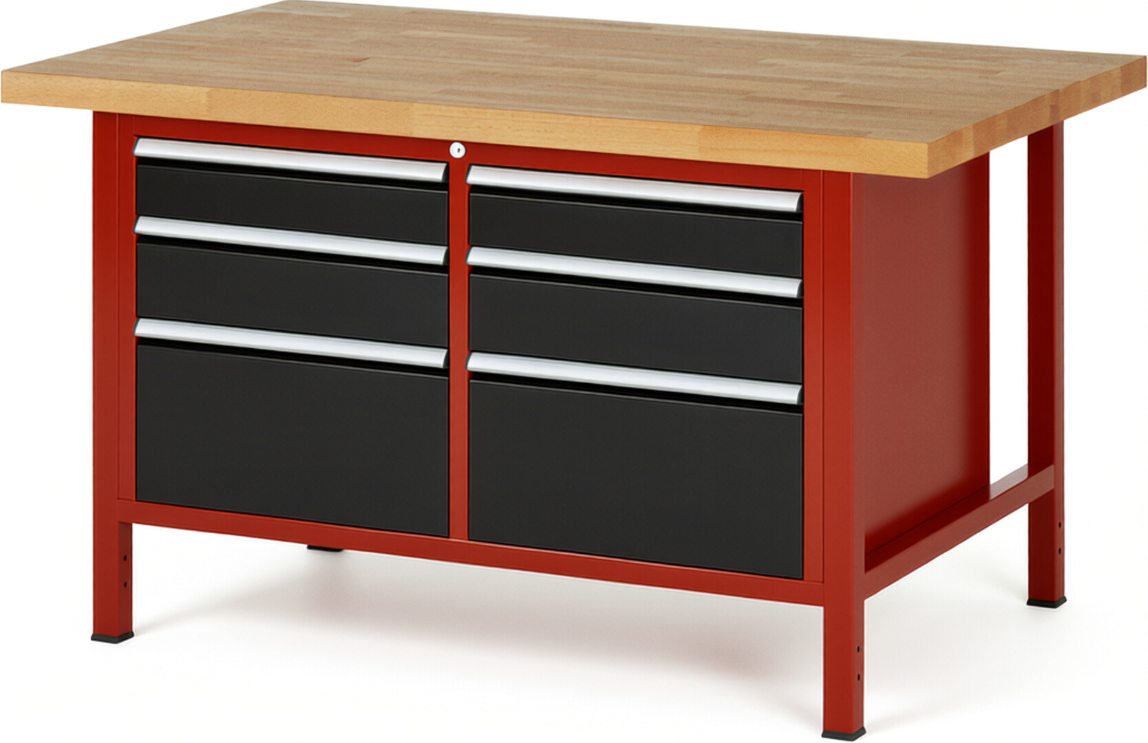 RAU Werkbank rot - schwarz - Breite 150 cm - Tiefe 90 cm - Höhe 84 cm - Buche-Massiv Arbeitsplatte 40 mm