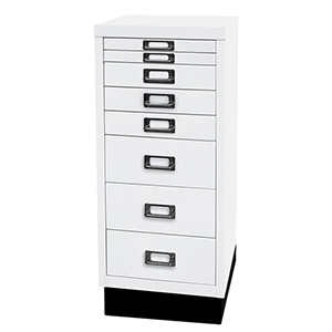 Schubladenschrank aus Stahl, BxTxH 279x380x670 mm, 8 Schubladen 2x25, 3x51, 3x102 mm, DIN A4, Sockel 80 mm hoch, verkehrweiß