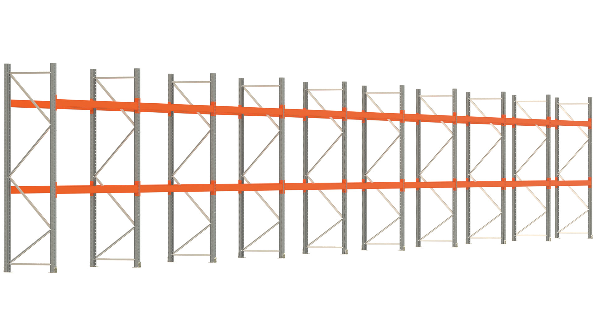 Palettenregal ARTUS - Breite 2515 cm - Höhe 300 cm - Tiefe 80 cm - 2 Träger-Ebenen - max. Fachlast 2100 kg - 54 Palettenstellplätze