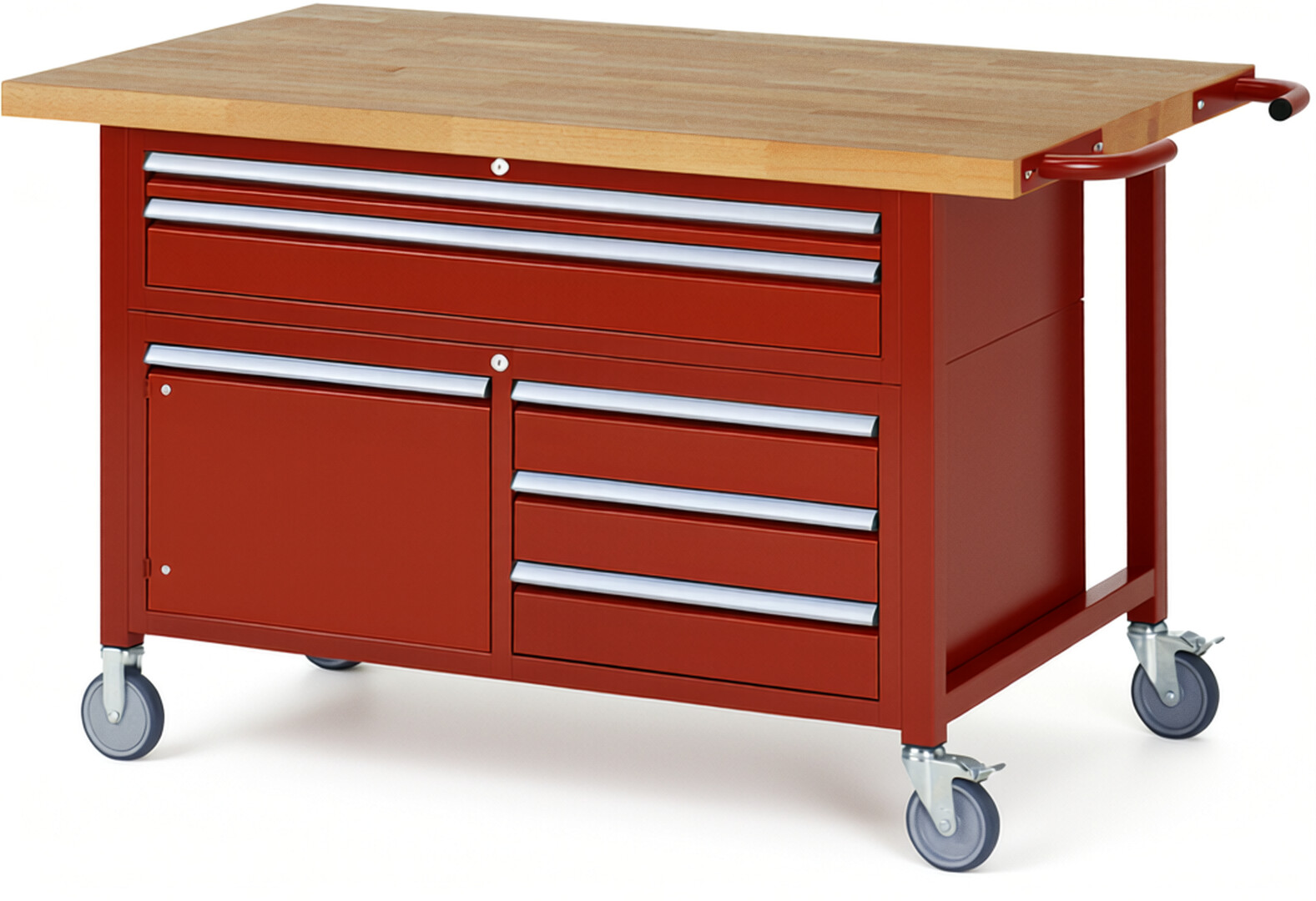 RAU Werkbank rot - Breite 150 cm - Tiefe 90 cm - Höhe 112 cm - Buche-Massiv Arbeitsplatte 40 mm