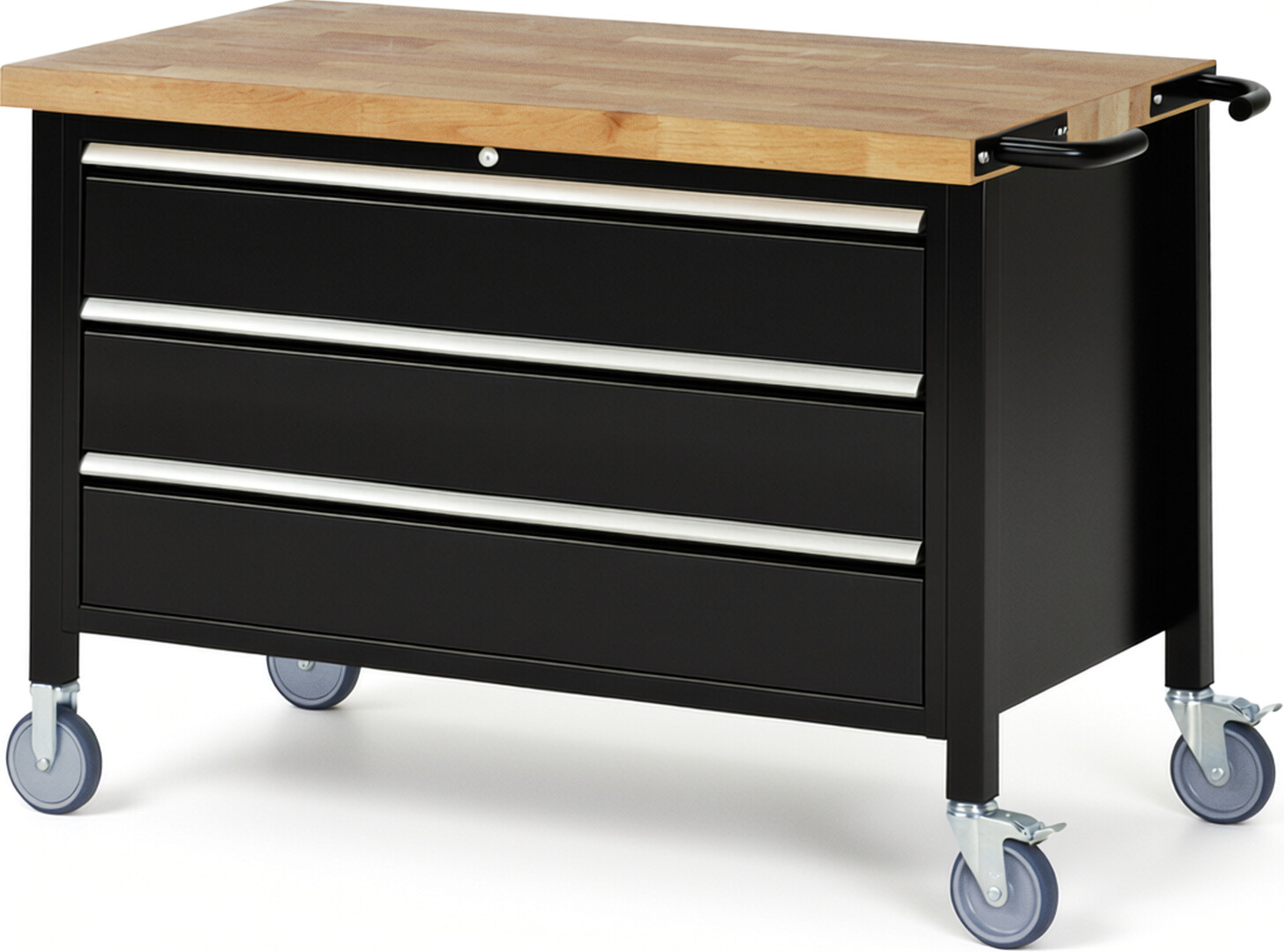Fahrbare Werkbank Modell 8357 schwarz, BxTxH 1250x700x880 mm,  Buche-Massiv Arbeitsplatte 40 mm,  3 Schubladen mit  Vollauszug 100 % und  SoftClosing