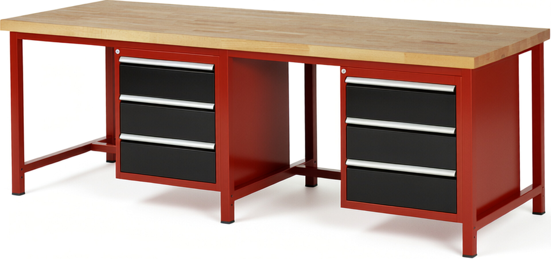 Werkbank Modell 8157 rot - schwarz, BxTxH 2500x900x840 mm,  Buche-Massiv Arbeitsplatte 40 mm,  6 Schubladen mit  Vollauszug 100 % und  SoftClosing