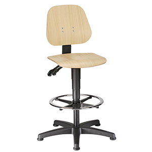 Arbeitsstuhl, Drehstuhl, Sitz Höhe 580-850 mm, Sitz- u. Rücken aus Buche, mit Gleitern u. Fußring