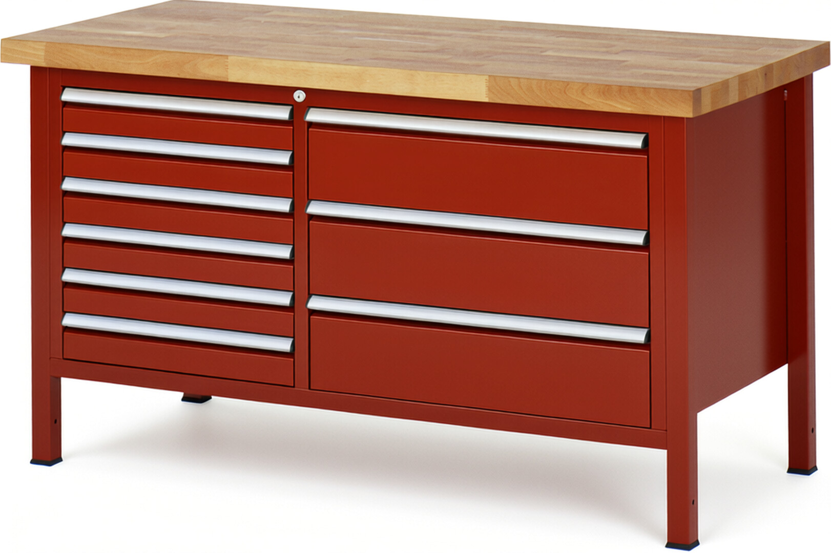 Werkbank Modell 8653 rot, BxTxH 1500x700x840 mm,  Buche-Massiv Arbeitsplatte 40 mm,  9 Schubladen mit  Vollauszug 100 % und  SoftClosing