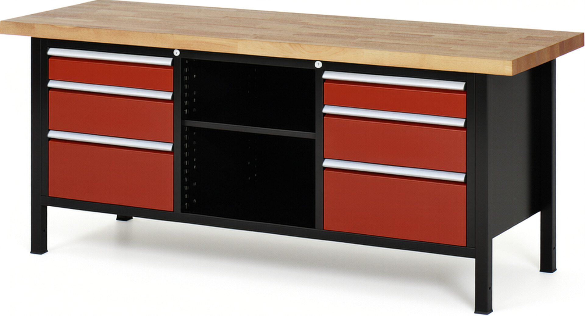 RAU Werkbank schwarz - rot - Breite 200 cm - Tiefe 70 cm - Höhe 104 cm - Buche-Massiv Arbeitsplatte 40 mm