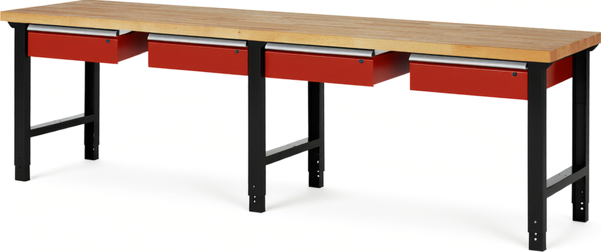 RAU Werkbank schwarz - rot - Breite 300 cm - Tiefe 70 cm - Höhe 114 cm - Buche-Massiv Arbeitsplatte 40 mm