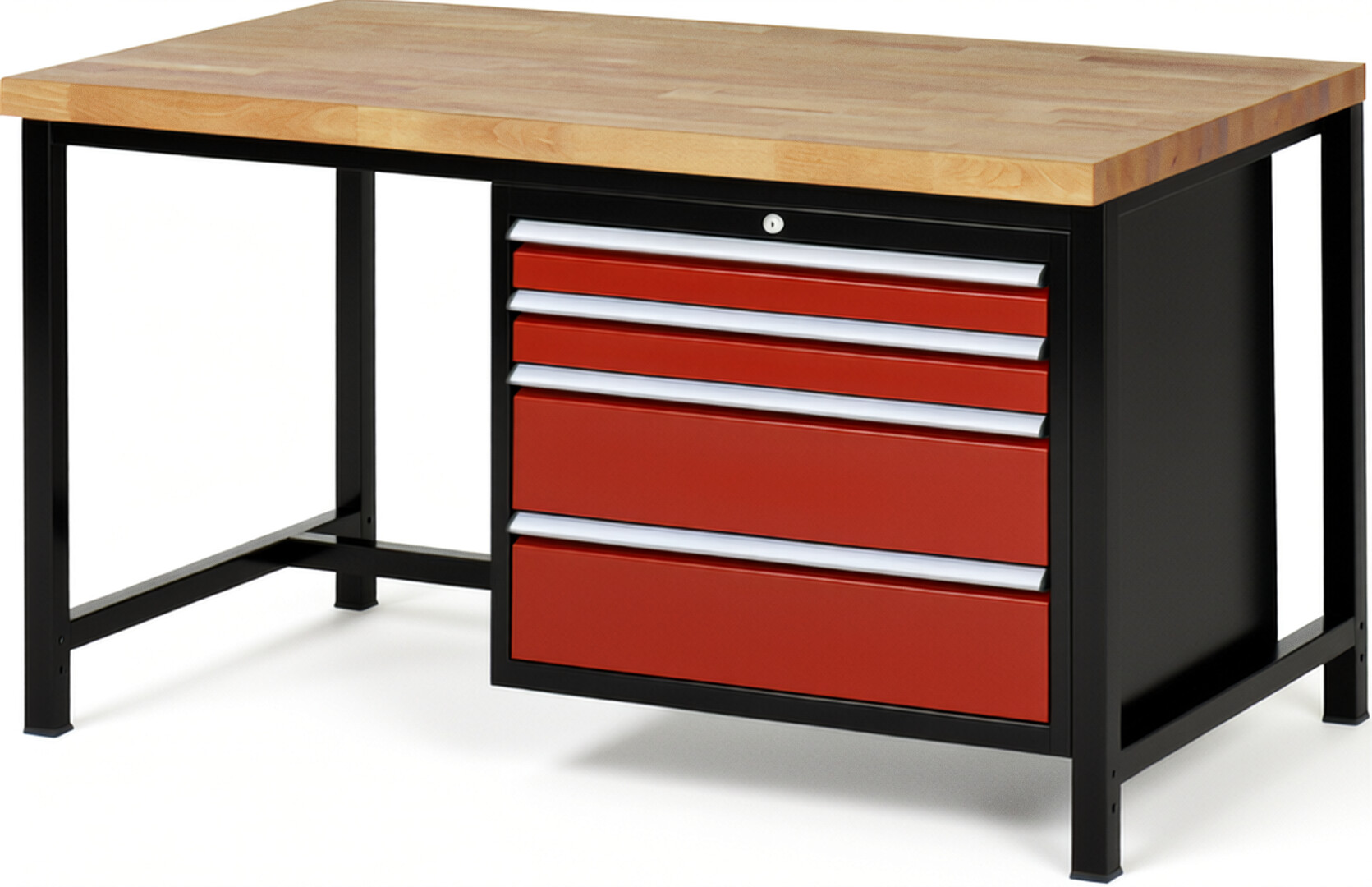 RAU Werkbank schwarz - rot - Breite 150 cm - Tiefe 90 cm - Höhe 104 cm - Buche-Massiv Arbeitsplatte 40 mm