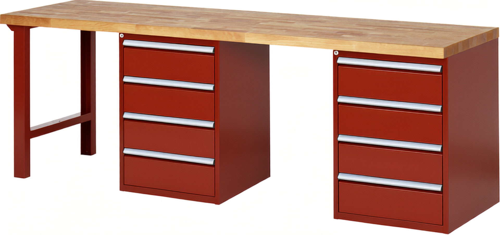 Werkbank Modell 7509 rot, BxTxH 2500x700x890 mm,  Buche-Massiv Arbeitsplatte 40 mm,  8 Schubladen mit  Vollauszug 100 % und  SoftClosing