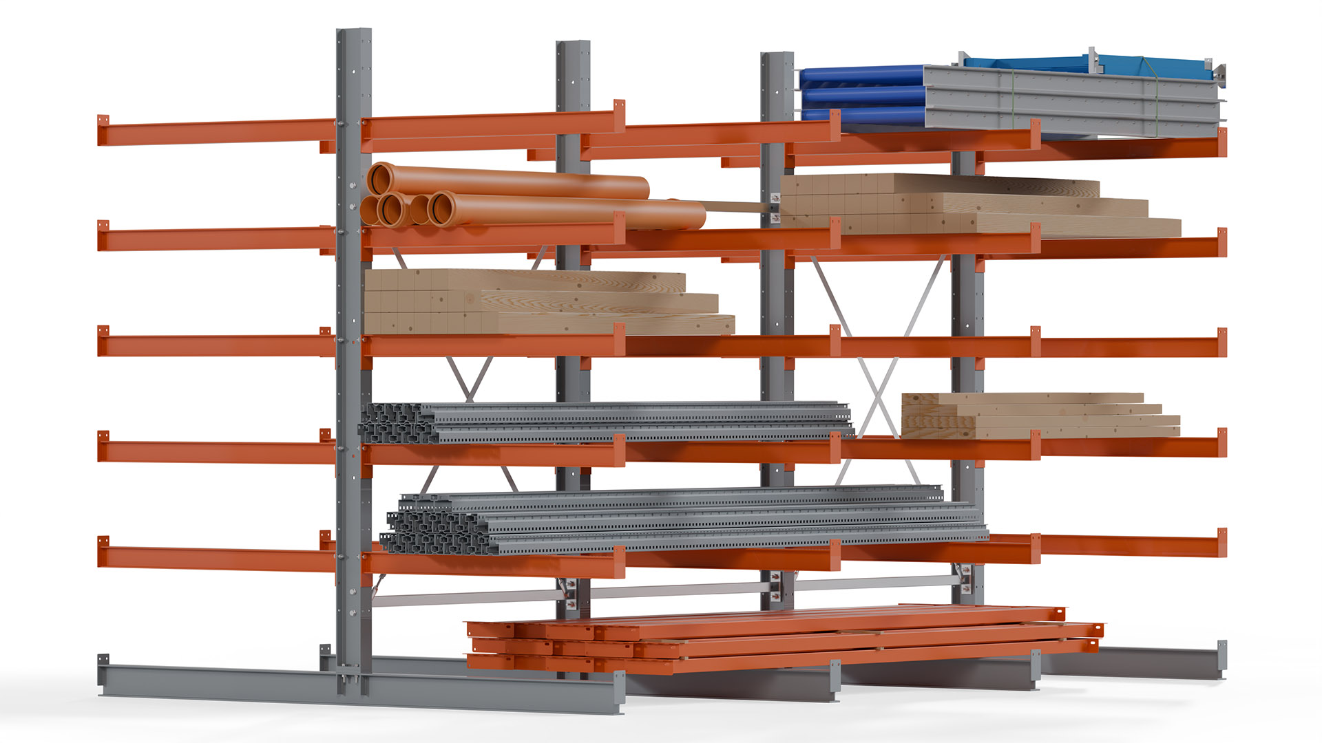 Kragarmregal KARL basic - lackiert - Breite: 384 cm - Höhe: 250 cm - Tiefe: 120 cm - Traglast je Kragarm: 370 kg - beidseitig