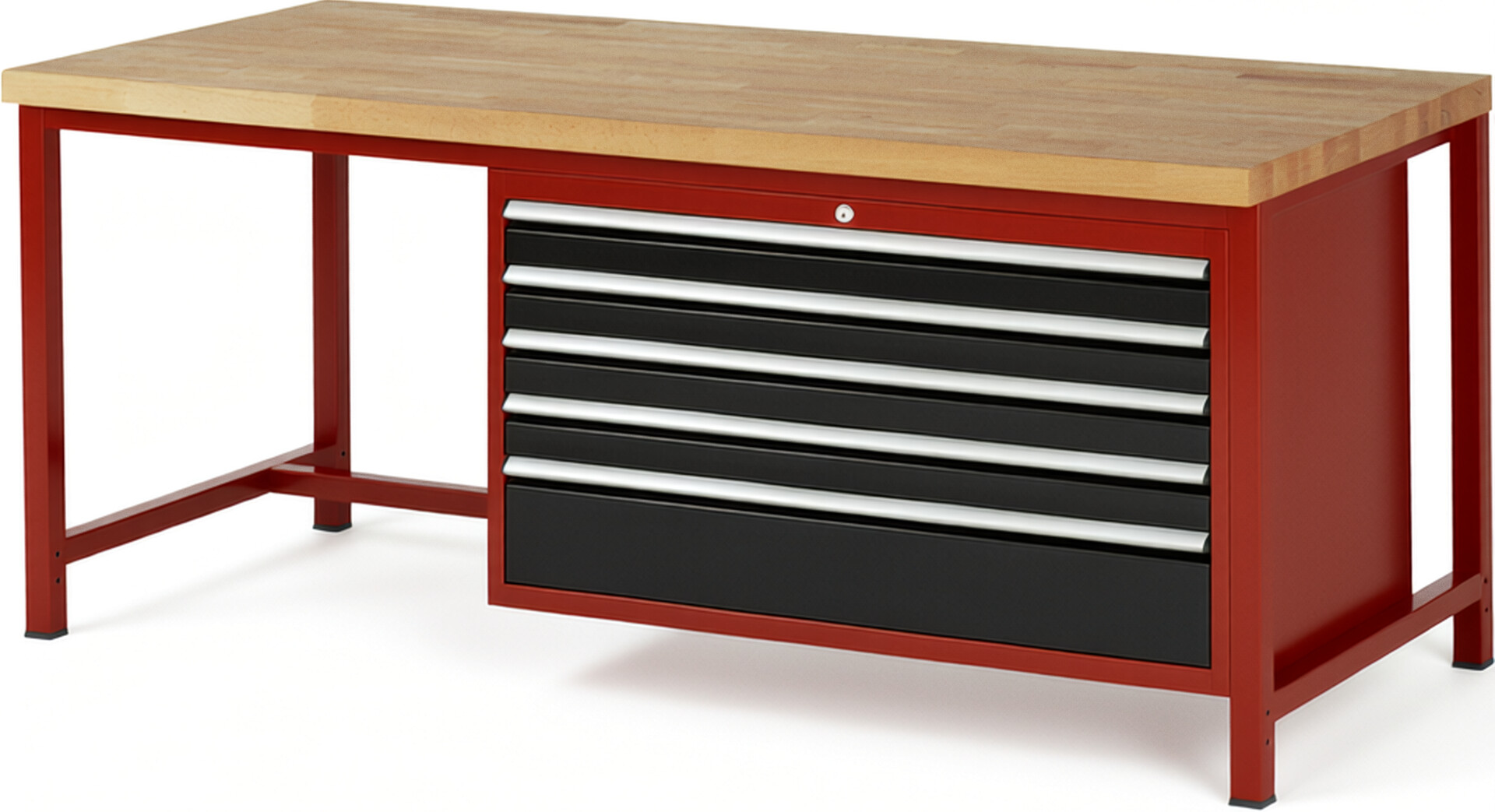 Werkbank Modell 8368 rot - schwarz, BxTxH 2000x900x840-1040 mm,  Buche-Massiv Arbeitsplatte 40 mm,  5 Schubladen mit  Auszug 90 %