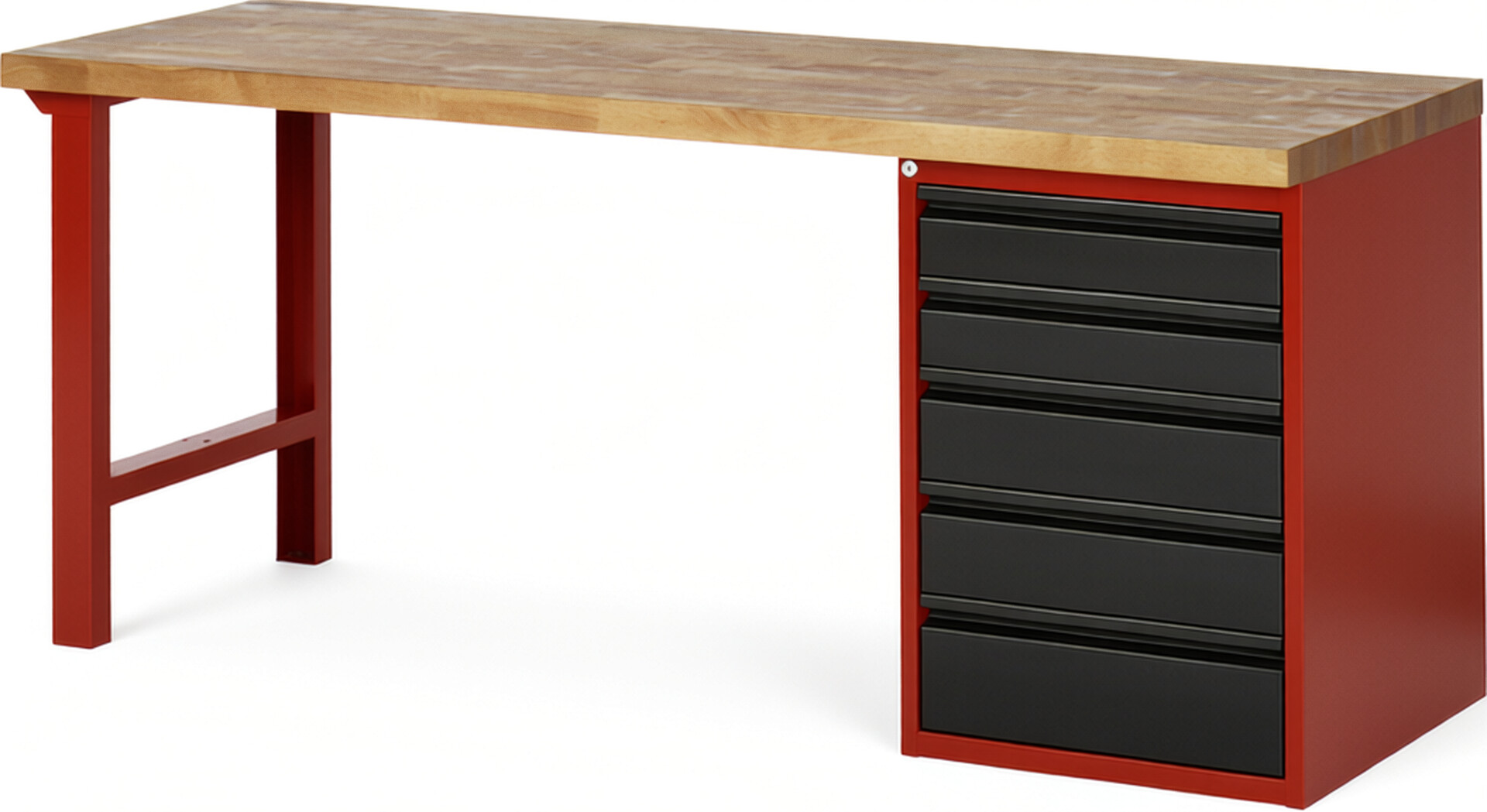 Werkbank, 1 Unterbau-Container mit 5 Schubladen: 2x120, 2x150, 1x180 mm, Buche-Platte 40 mm rot - schwarz, BxTxH 2000x700x840 mm, RAL 3000/9011