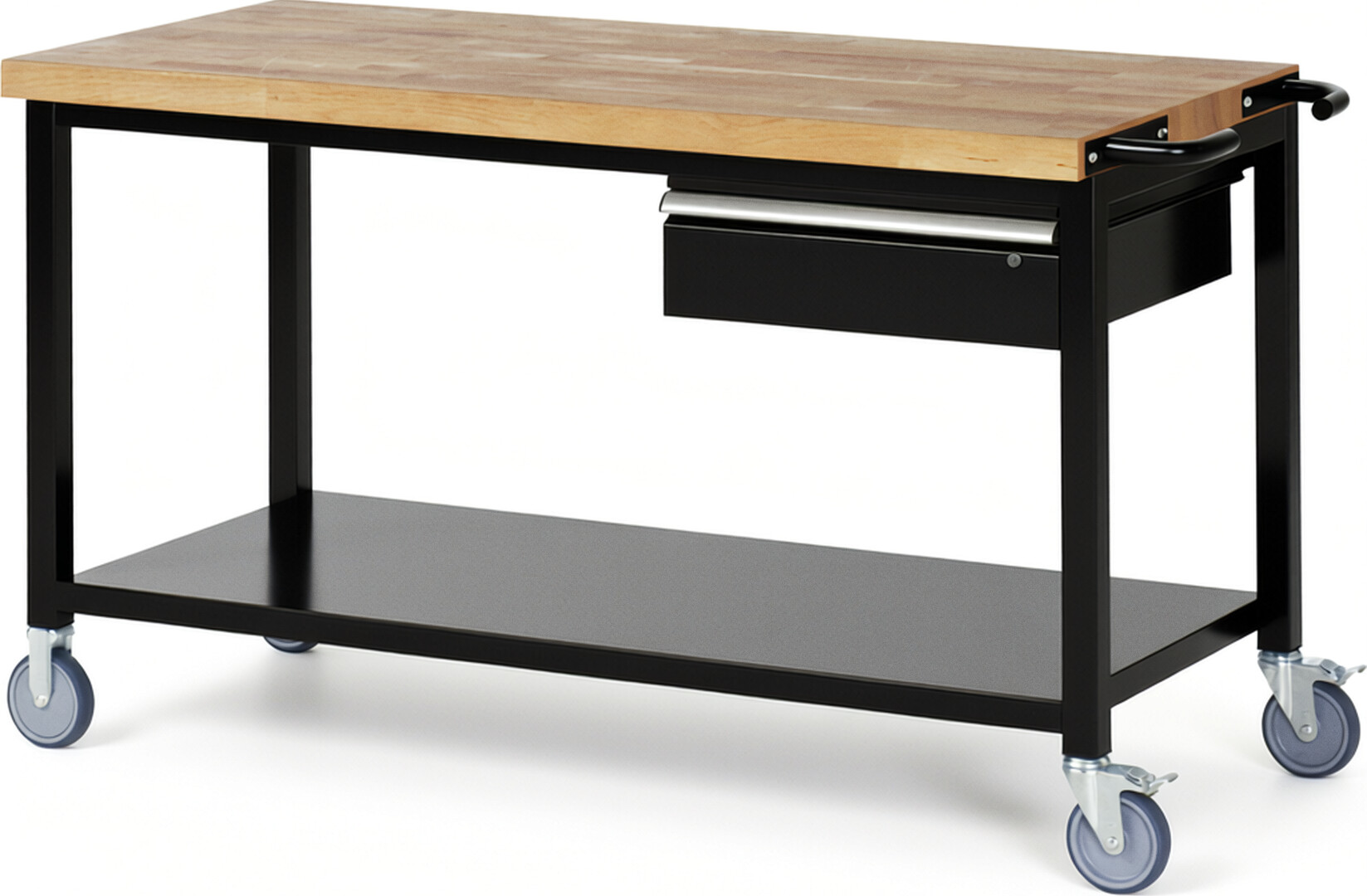 Fahrbare Werkbank Modell 8001 schwarz, BxTxH 1500x700x880-1080 mm,  Buche-Massiv Arbeitsplatte 40 mm,  1 Schublade mit  Auszug 90 %