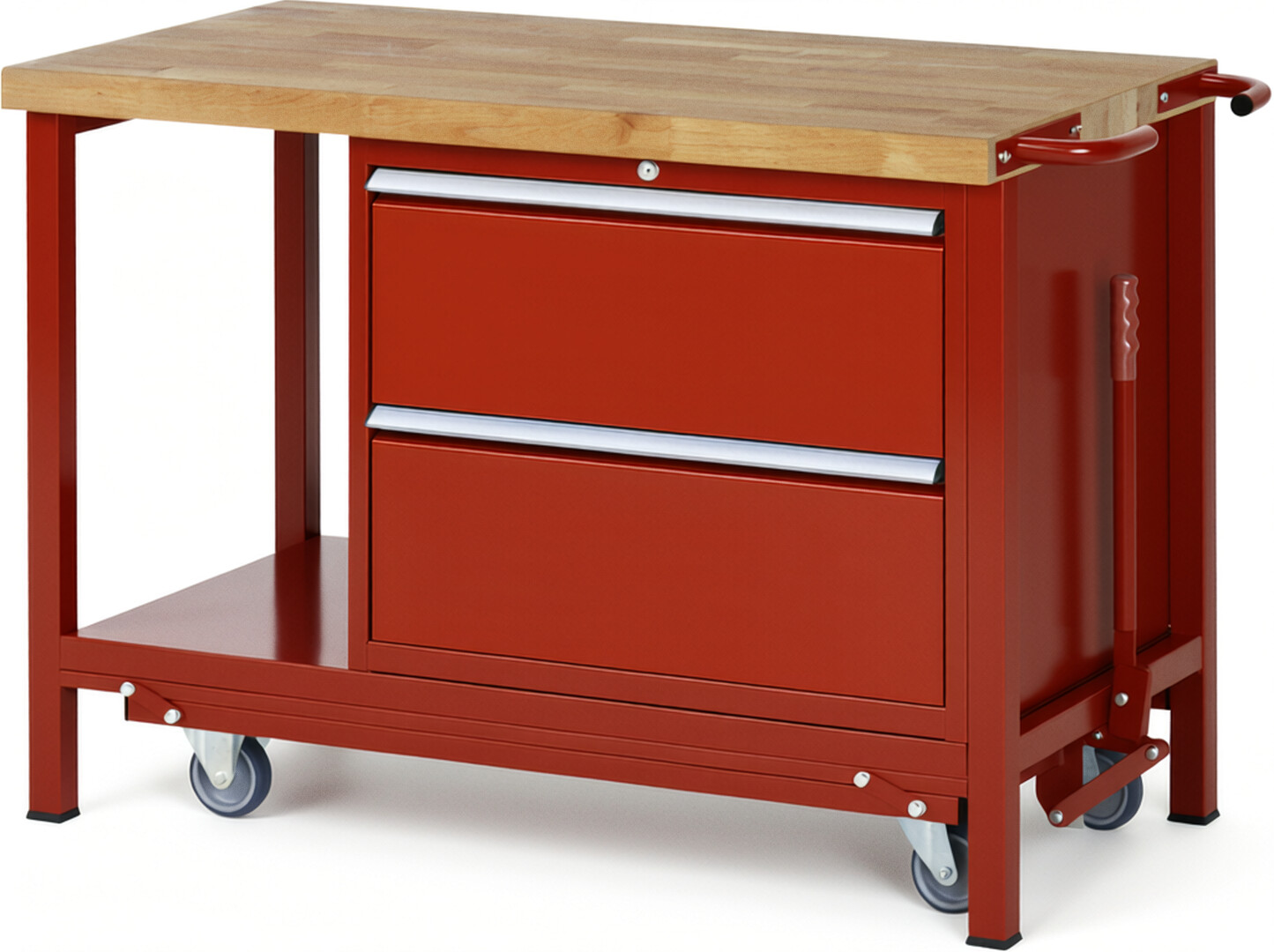 Absenkbare Werkbank Modell 8255 rot, BxTxH 1250x700x880 mm,  Buche-Massiv Arbeitsplatte 40 mm,  2 Schubladen mit  Vollauszug 100 % und  SoftClosing