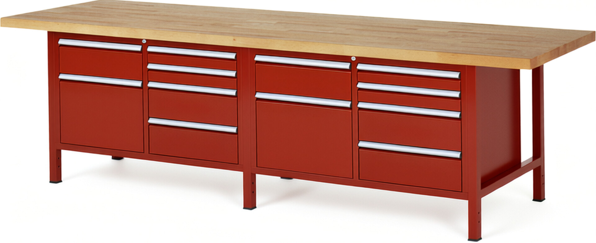 Werkbank Modell 8472 rot, BxTxH 3000x900x840 mm,  Buche-Massiv Arbeitsplatte 40 mm,  10 Schubladen mit  Vollauszug 100 % und  SoftClosing