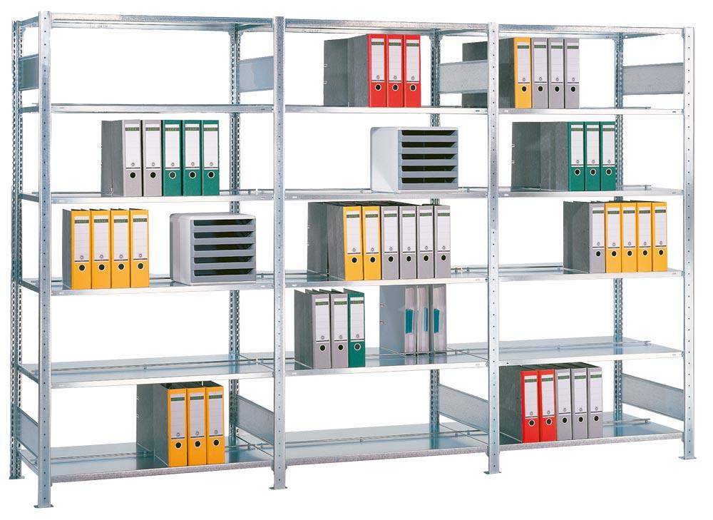 Lagerregal, Steckregal, Anbaufeld, verzinkt, 5 Fachböden, ohne Anschlagleiste, Fachlast 85 kg, BxTxH 750x300x1800 mm