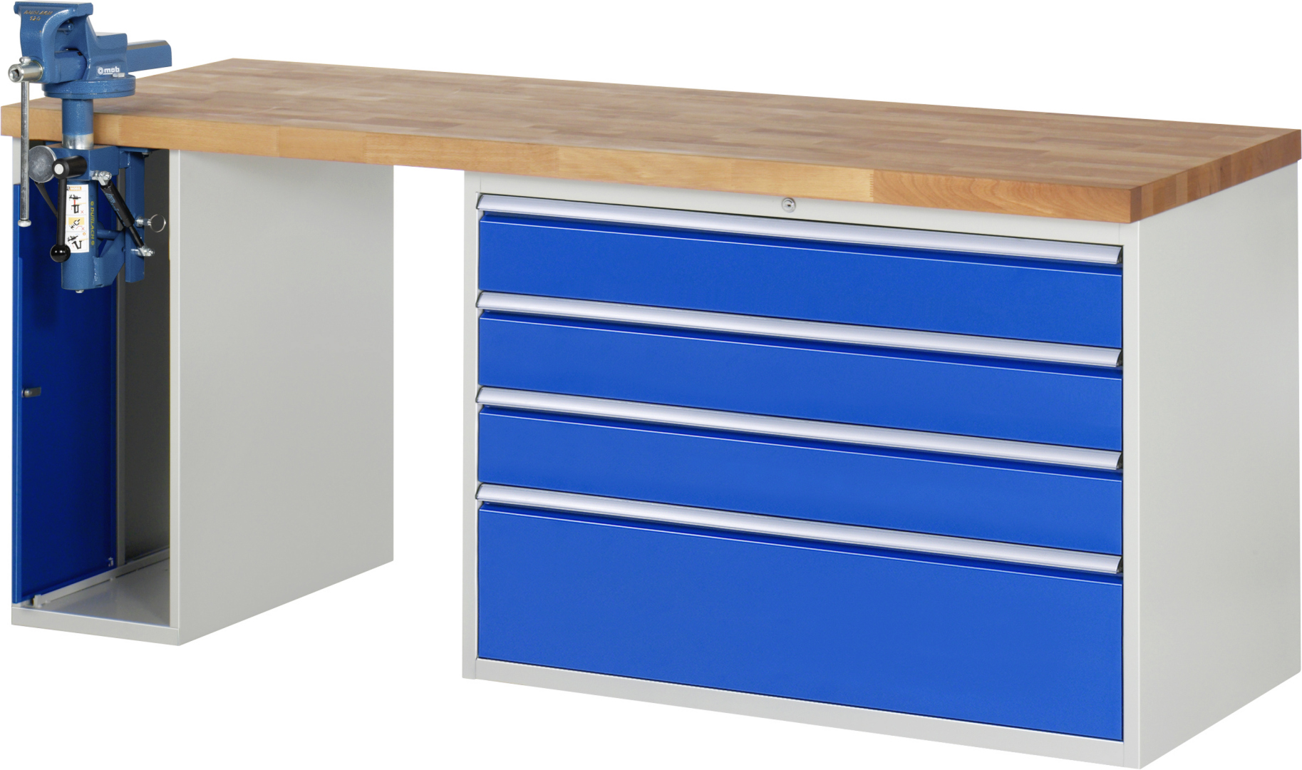 Werkbank Modell 7710 rot - schwarz, BxTxH 2000x700x840 mm,  Buche-Massiv Arbeitsplatte 40 mm,  4 Schubladen mit  Auszug 90 %