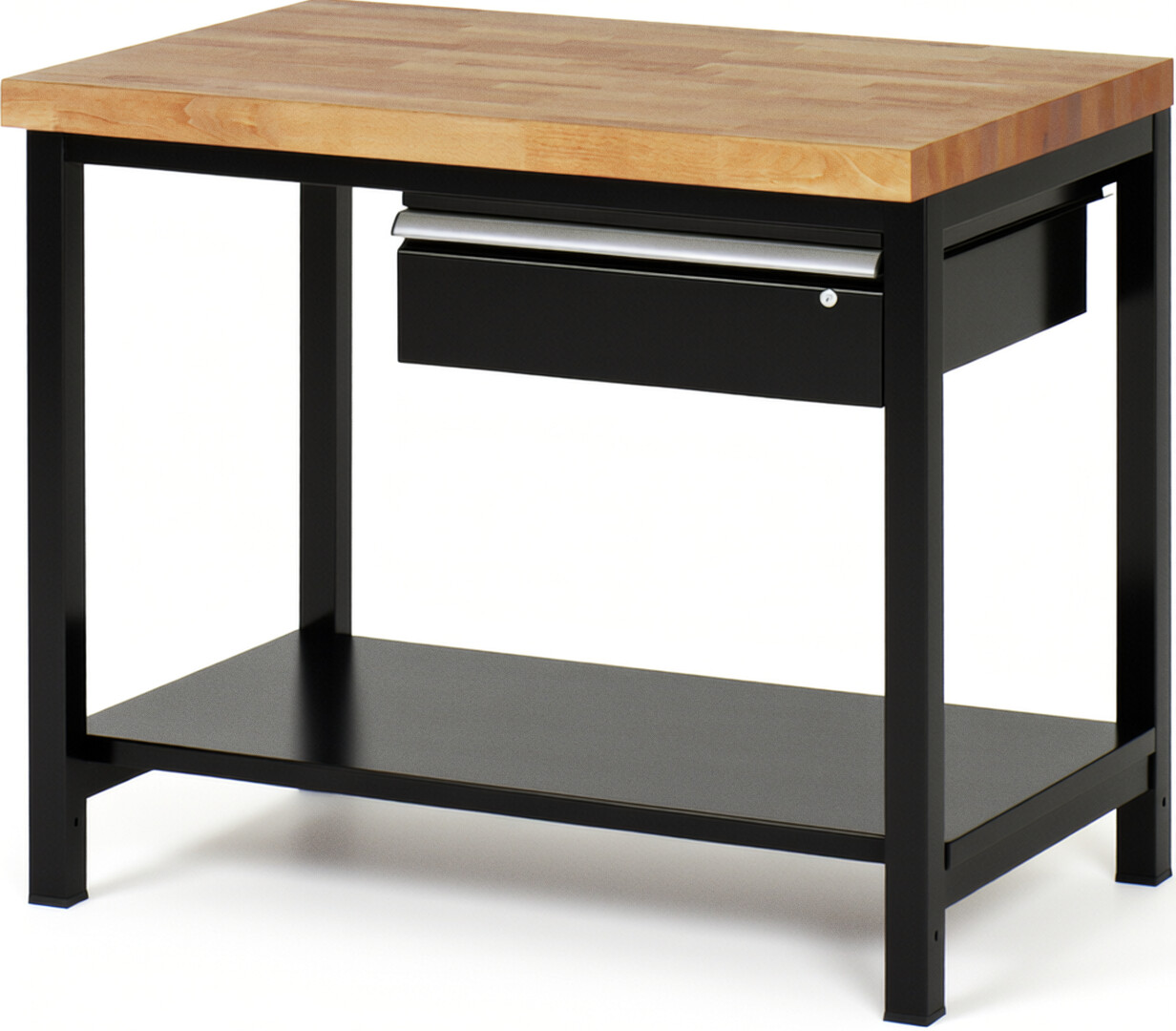 Werkbank Modell 8001 schwarz, BxTxH 1000x700x840-1040 mm,  Buche-Massiv Arbeitsplatte 40 mm,  1 Schublade mit  Auszug 90 %
