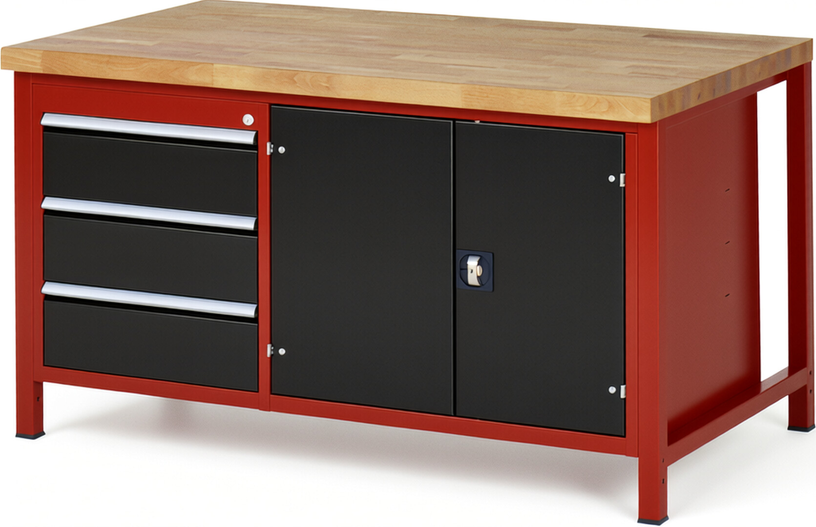 RAU Werkbank rot - schwarz - Breite 150 cm - Tiefe 90 cm - Höhe 104 cm - Buche-Massiv Arbeitsplatte 40 mm