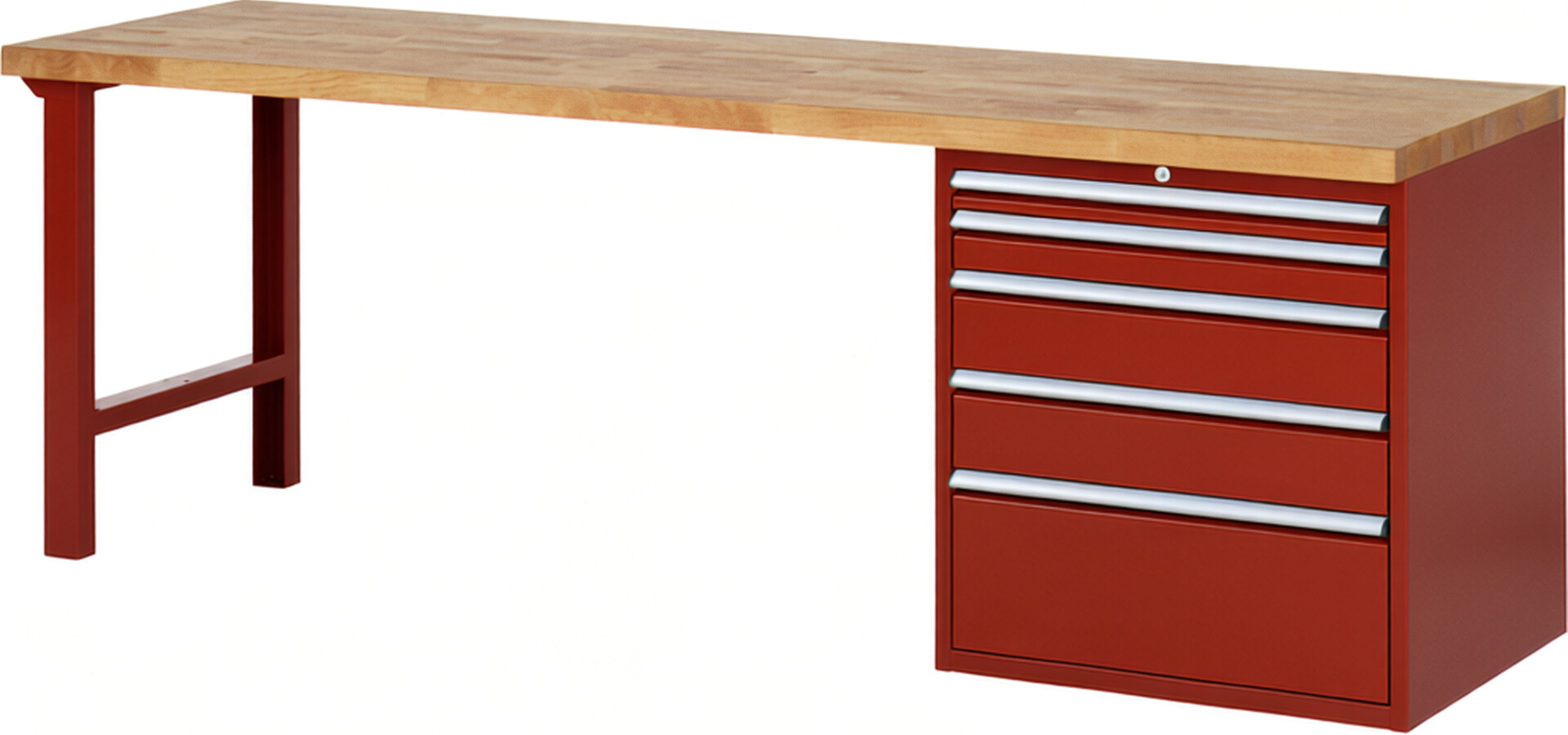 RAU Werkbank rot - Breite 250 cm - Tiefe 70 cm - Höhe 84 cm - Buche-Massiv Arbeitsplatte 40 mm