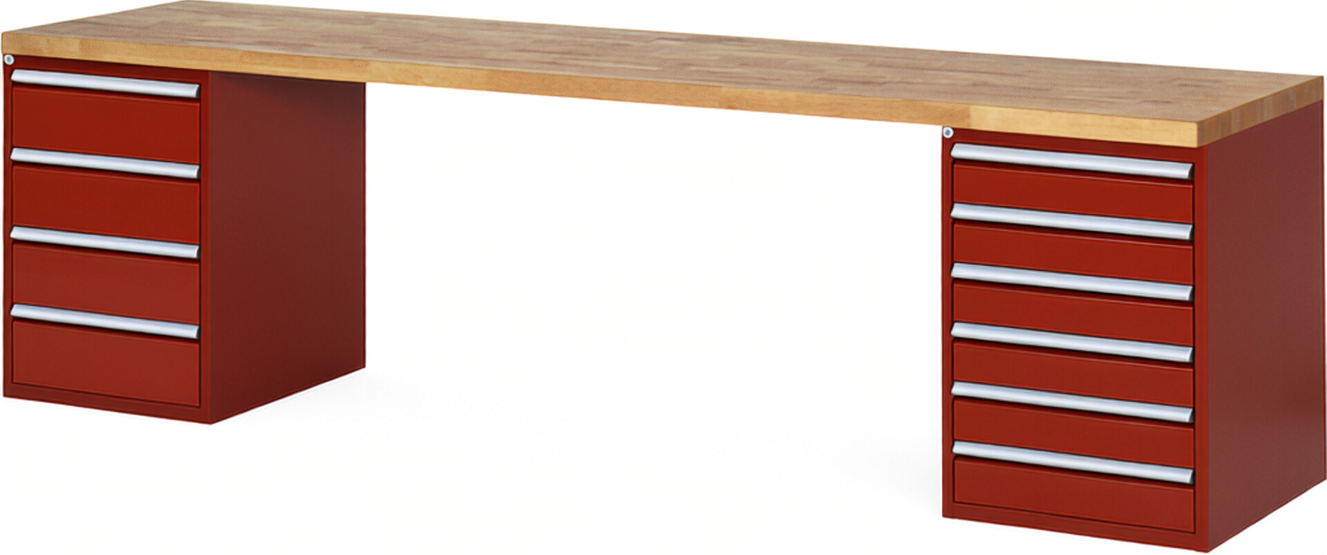 RAU Werkbank rot - Breite 300 cm - Tiefe 90 cm - Höhe 89 cm - Buche-Massiv Arbeitsplatte 40 mm