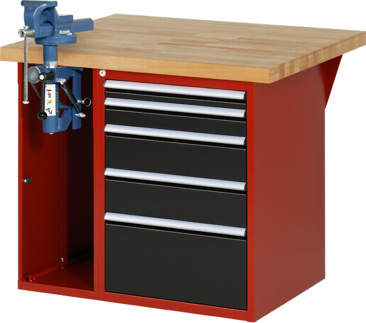 Werkbank Modell 7511 rot - schwarz, BxTxH 1000x900x840 mm,  Buche-Massiv Arbeitsplatte 40 mm,  5 Schubladen mit  Vollauszug 100 % und  SoftClosing