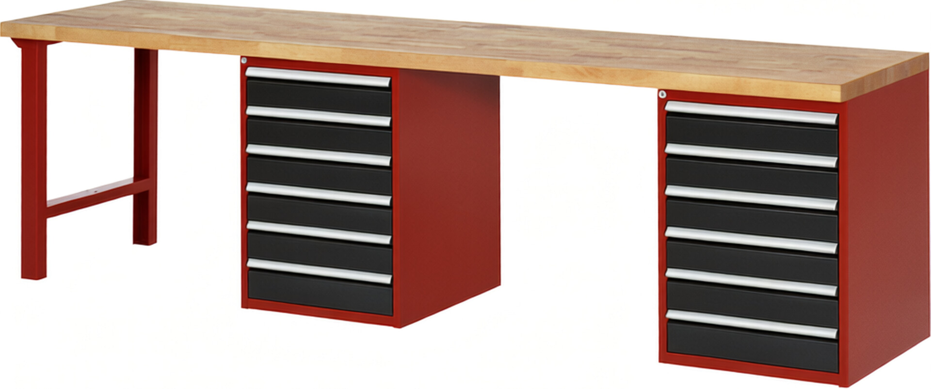 Werkbank Modell 7516 rot - schwarz, BxTxH 3000x700x840 mm,  Buche-Massiv Arbeitsplatte 40 mm,  12 Schubladen mit  Vollauszug 100 % und  SoftClosing