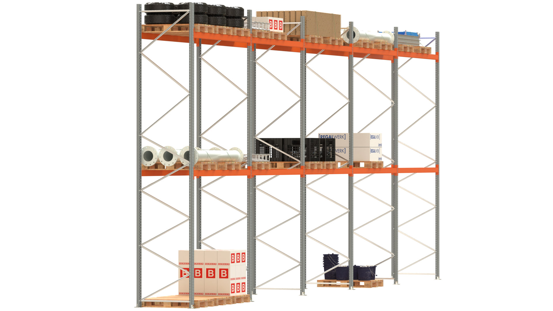 Palettenregal ARTUS - Breite 1401 cm - Höhe 550 cm - Tiefe 110 cm - 2 Träger-Ebenen - Fachlast 2000 kg - 45 Palettenstellplätze